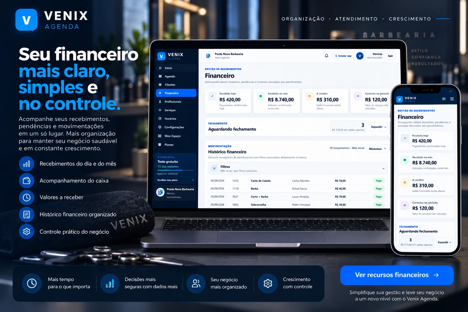 Venix Agenda — acompanhamento financeiro de recebimentos e pendências
