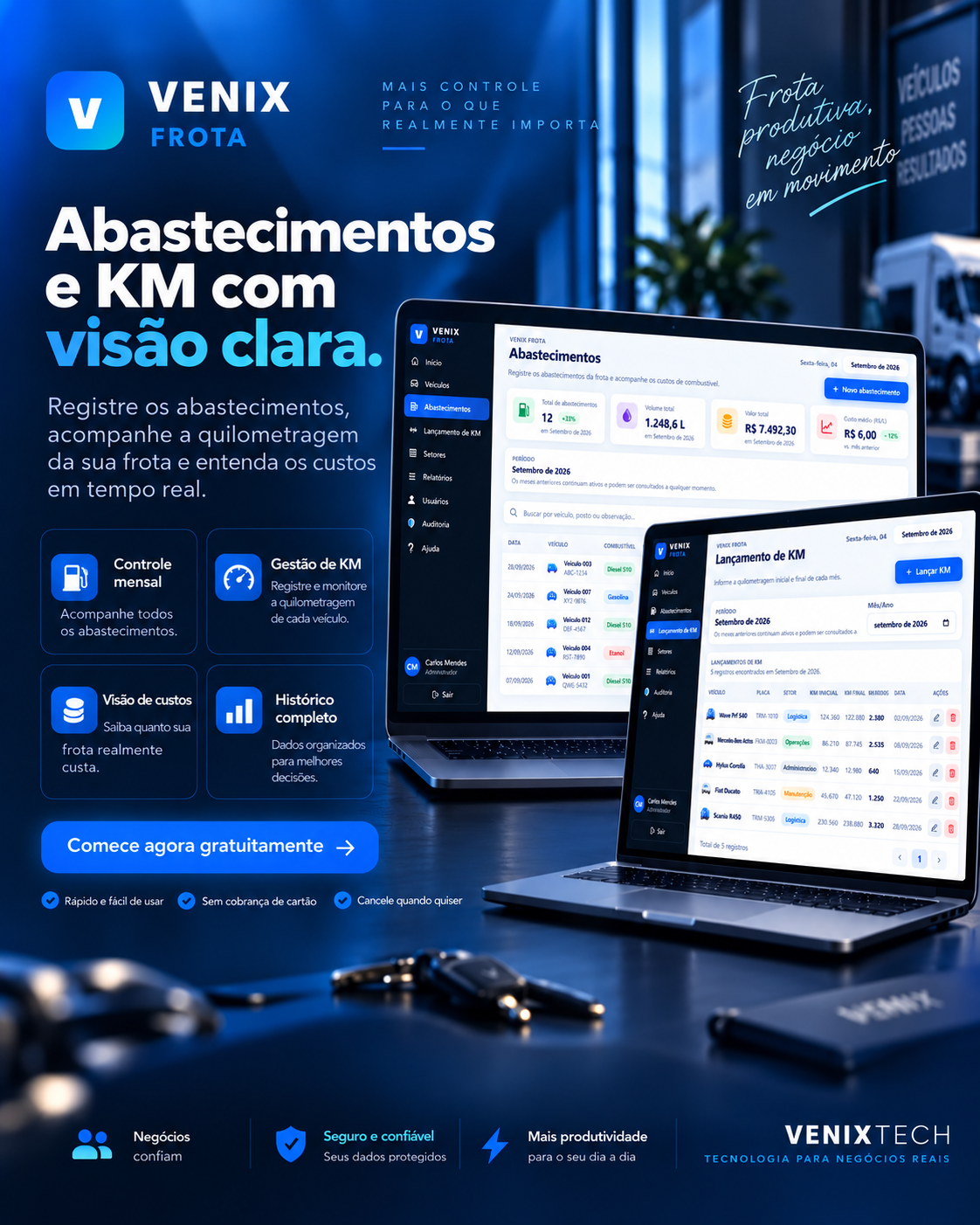 Arte comercial mostrando abastecimentos e quilometragem do Venix Frota