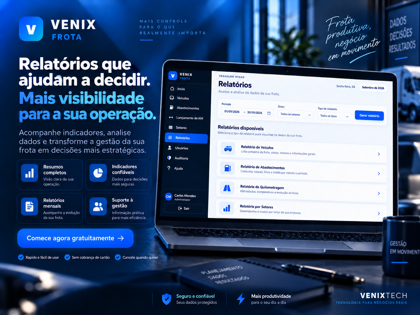 Arte comercial mostrando relatórios do Venix Frota