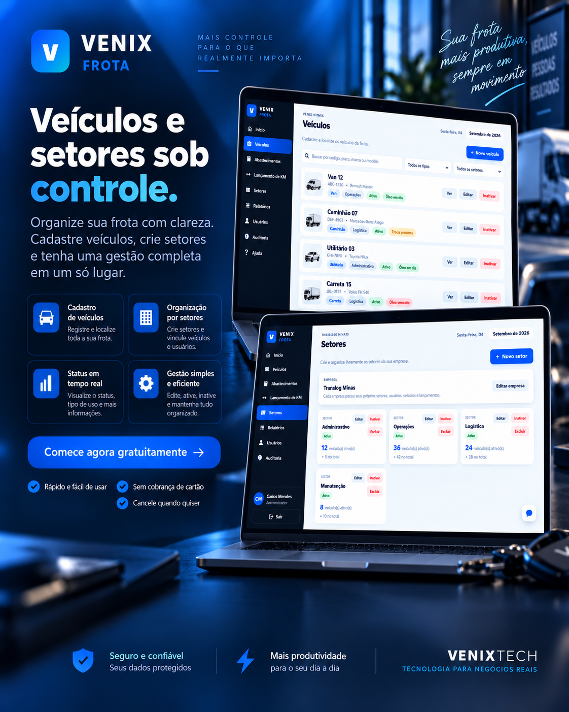 Arte comercial mostrando veículos e setores do Venix Frota